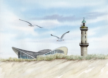 Poster DIN-A4 Watercolor Maritime Art Print Baltic Sea lighthouse Warnemünde Rostock Ocean Dunes teapot dunbe WA9
